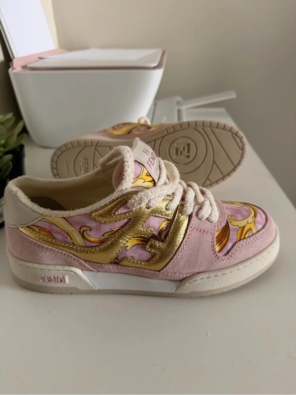 Fendi Fendace woman’s Pink & Gold Decorative Low-Top Sneakers